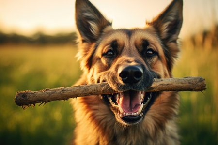 Shepherd dog with wooden stick in the fieldの素材