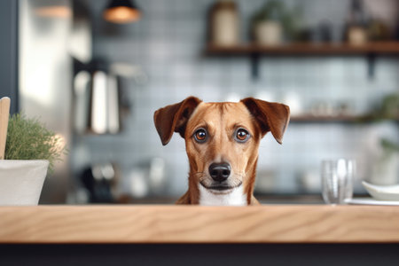 Dog sitting at the table and waiting for foodの素材