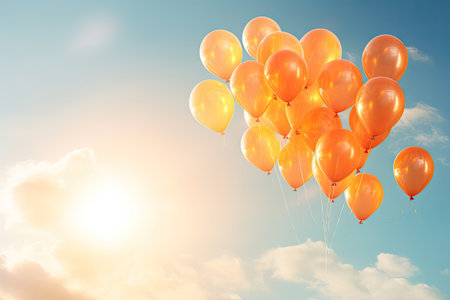 Bunch of orange balloons flying in the skyの素材