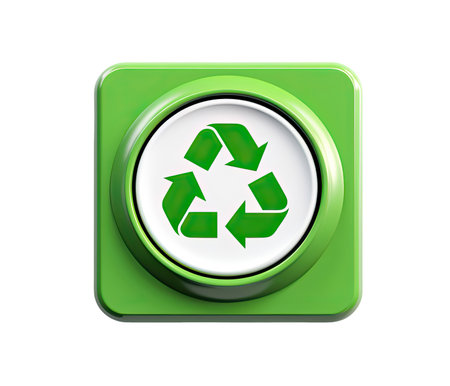 Square green button with recycle symbol isolated on white backgroundの素材