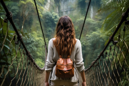 Back view of a woman on suspension bridge in the rainforestの素材