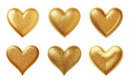 Set of golden glitter hearts isolated on white backgroundの素材