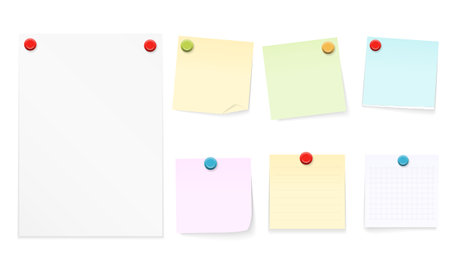 Set of paper notes with push pins, vector illustrationのイラスト素材