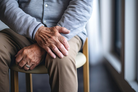 Close-up of hands of elderly man holding his sore kneeの素材