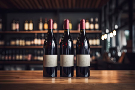 Wine bottles standing on the table in retail storeの素材