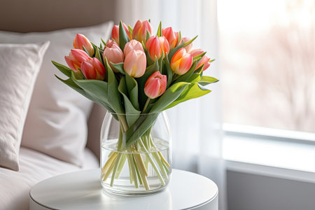 Bouquet of tulips in glass vase in bedroomの素材