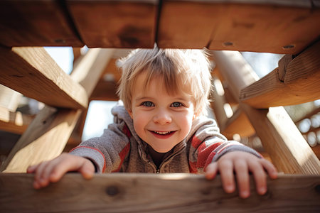 Portrait of smiling boy playing on wooden playgroundの素材
