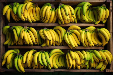 Bananas in wooden crates, top viewの素材