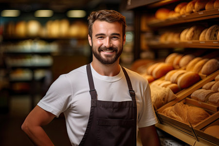 Portrait of a smiling baker standing near the shelves with baked breadの素材