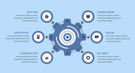 Infographic template with gear with six elements for icons and text, vector illustrationのイラスト素材