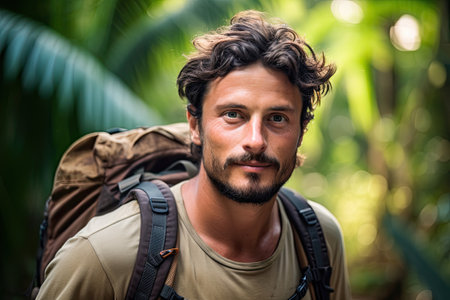 Portrait of a man with backpack hiking in rainforestの素材
