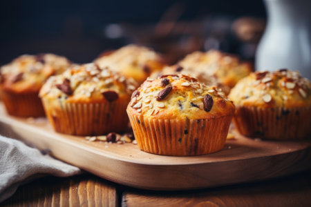Delicious muffins with nuts and seeds on wooden tableの素材