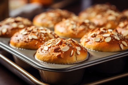 Close-up of tray with fresh muffins with nutsの素材