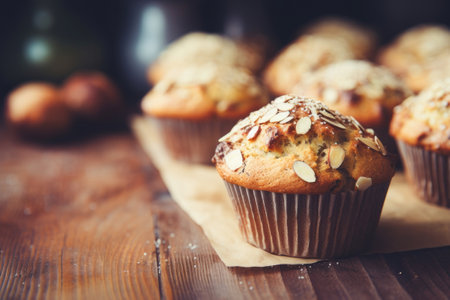 Close-up of a man holding tray with healthy muffins with seedsの素材