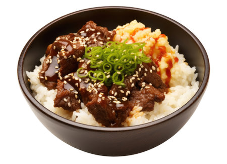 Wooden bowl with beef with rice isolated on white background, Asian cuisine