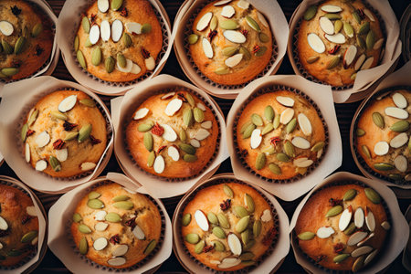 Close-up of a man holding tray with healthy muffins with seedsの素材