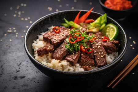 Bowl with rice, beef and vegetables, asian cuisineの素材