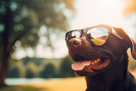 Portrait of labrador dog wearing sunglasses outdoors in summerの素材