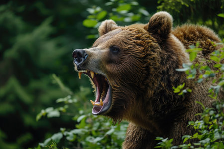Close-up of roaring angry bear in the forest at summerの素材