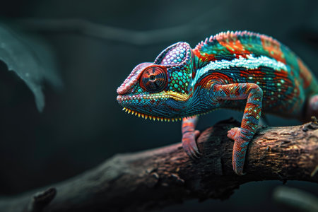 Close-up of colorful chameleon on the branch in darknessの素材