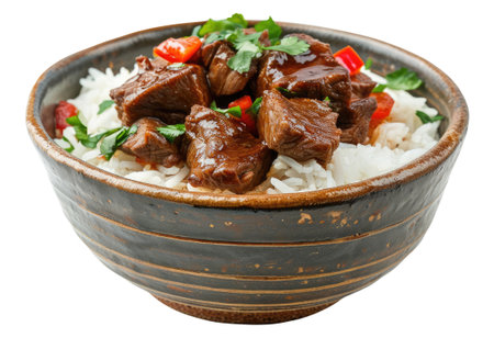 Wooden bowl with beef with rice isolated on white background, top view, Asian cuisineの素材