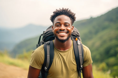Smiling african american man with backpack on the trail in mountainsの素材