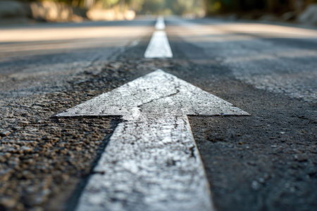 White arrow painted on the asphalt road pointing forward, motivation conceptの素材