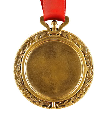 Golden medal with red ribbon isolated on white backgroundの素材