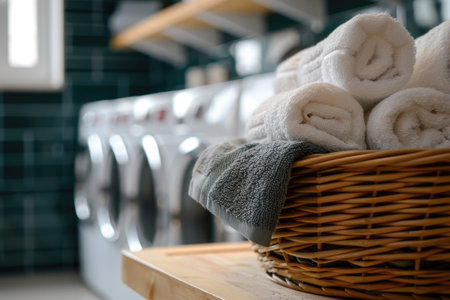 Basket with towels on wooden table in the laundry room with washing machinesの素材