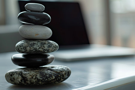 Zen stones on the desk with laptop in officeの素材