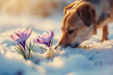 Close-up of a dog sniffing crocus flowers growing from under the snow in early spring dayの素材