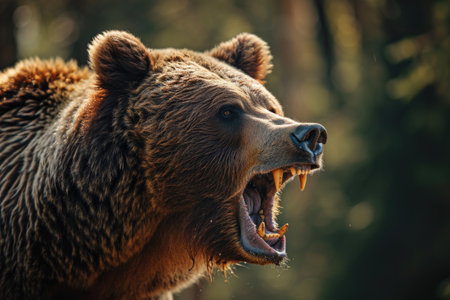 Close-up of roaring brown bear in the forestの素材