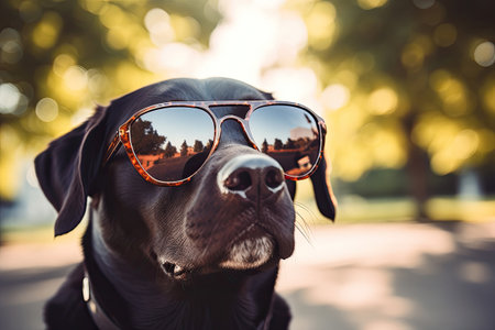 Portrait of labrador dog wearing sunglasses outdoors in summerの素材