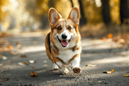 Happy corgi dog running in the autumn parkの素材