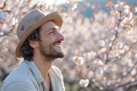 Smiling man enjoying spring in the garden with blooming cherry treesの素材