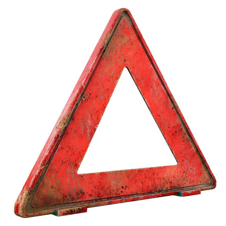 Old triangle road sign isolated on white backgroundの素材