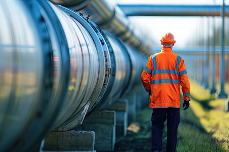 Engineer inspecting the pipeline on the streetの素材