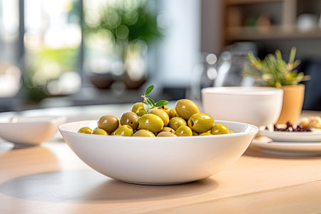 White bowl with olives on the table in the kitchenの素材