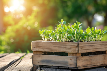 Wooden crate with sprouts in the gardenの素材
