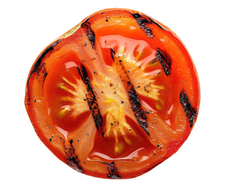 Grilled slice of tomato isolated on white background, top viewの素材