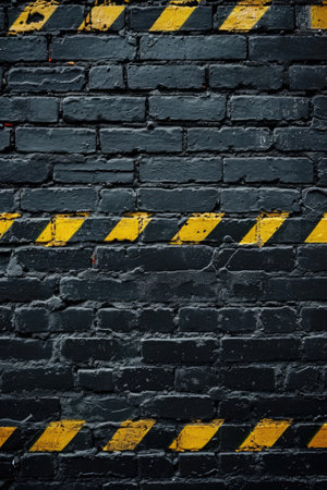 Vertical brick wall background with three warning black and yellow stripesの素材