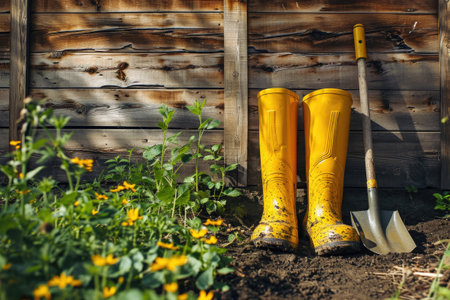 Rubber boots and shovel in the gardenの素材