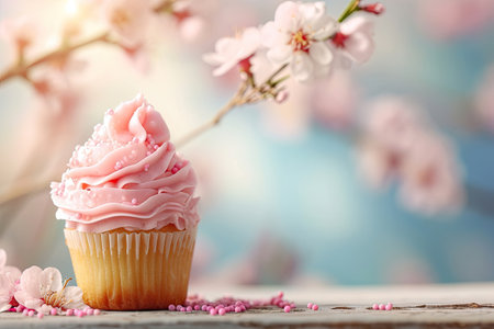 Delicious cupcake on the table, spring background with flowersの素材