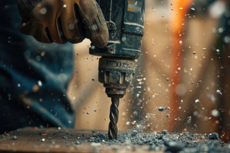 Close-up of a man working with drill at construction siteの素材