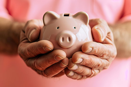 Close-up of an old woman's hand holding piggy bankの素材