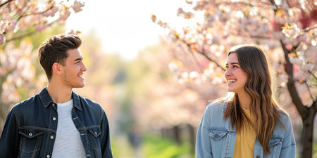 Happy young couple enjoying spring day on background of blooming cherry treesの素材