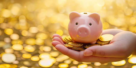 Hand holding piggy bank on background of golden coinsの素材