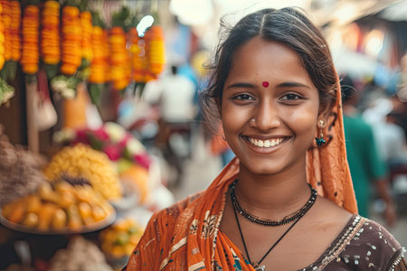 Young Indian woman wearing traditional clothes on the street marketの素材