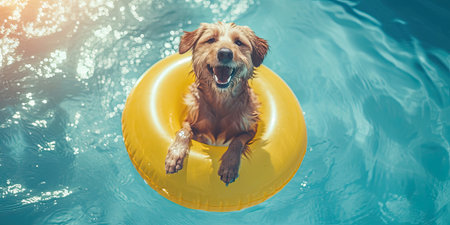Happy dog swimming with swimming ring in the poolの素材