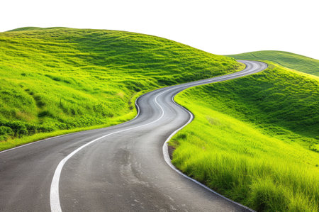 Asphalt road among the green hills isolated on white backgroundの素材